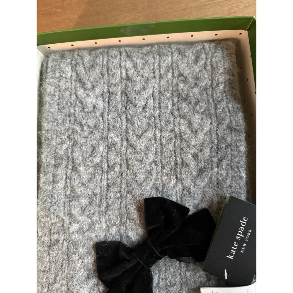 Kate Spade Velvet Cable Bow Scarf Heather Gray Wool Blend One Size NWT